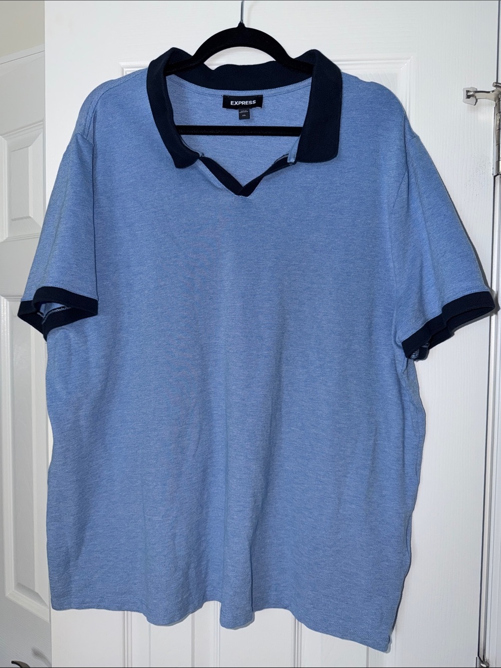 Express Men’s Light Blue Polo with Navy Collar and Cuff Trim